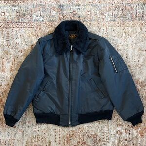 Navy Blue Bomber Jacket with Faux Fur Collar